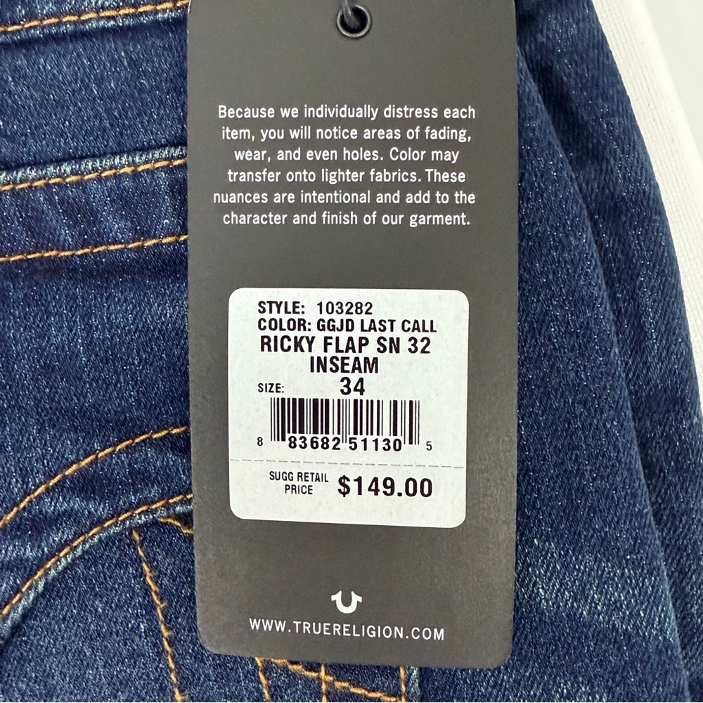 True Religion Ricky Flap Jeans Mens 34x32 Relaxed Straight Dark Wash - Picture 13 of 14